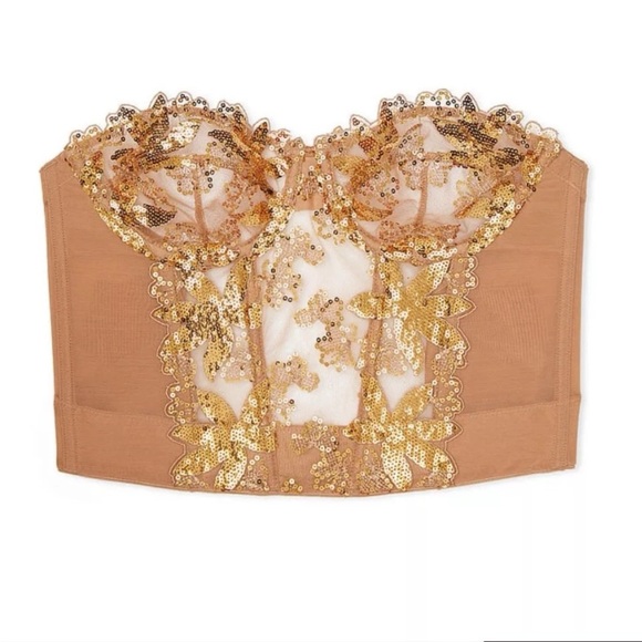 Victorias Secret Gold Sequined Ziggy Glam Floral Embroidery  Corset 38C nwt - Picture 1 of 5
